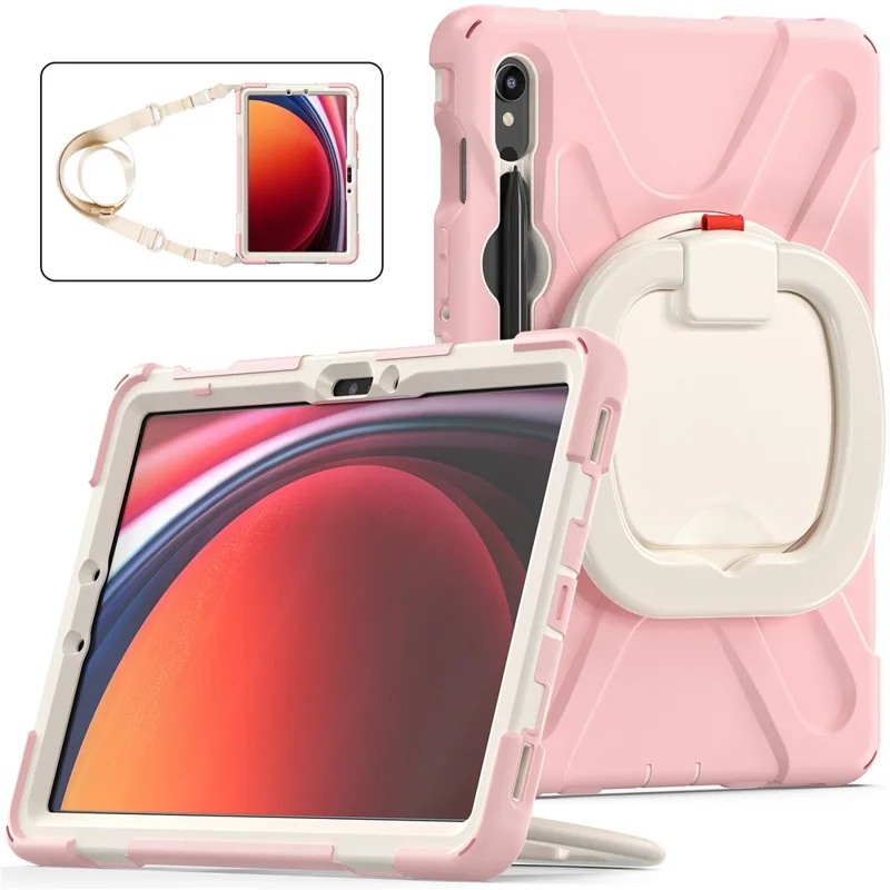 For Samsung Galaxy Tab S10 Lite / S10 FE / S9 FE / S9 / S8 / S7 PC+Silicone Case Rotating Kickstand Tablet Cover with Shoulder Strap - Pink