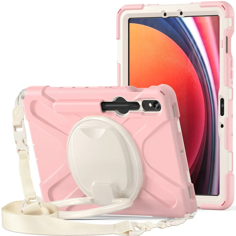 For Samsung Galaxy Tab S10 Lite / S10 FE / S9 FE / S9 / S8 / S7 PC+Silicone Case Rotating Kickstand Tablet Cover with Shoulder Strap - Pink