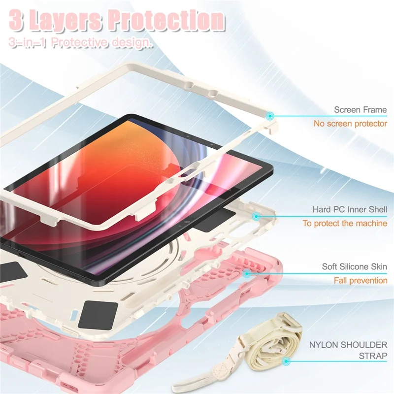 For Samsung Galaxy Tab S10 Lite / S10 FE / S9 FE / S9 / S8 / S7 PC+Silicone Case Rotating Kickstand Tablet Cover with Shoulder Strap - Pink