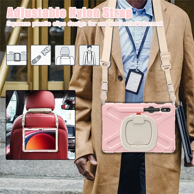 For Samsung Galaxy Tab S10 Lite / S10 FE / S9 FE / S9 / S8 / S7 PC+Silicone Case Rotating Kickstand Tablet Cover with Shoulder Strap - Pink