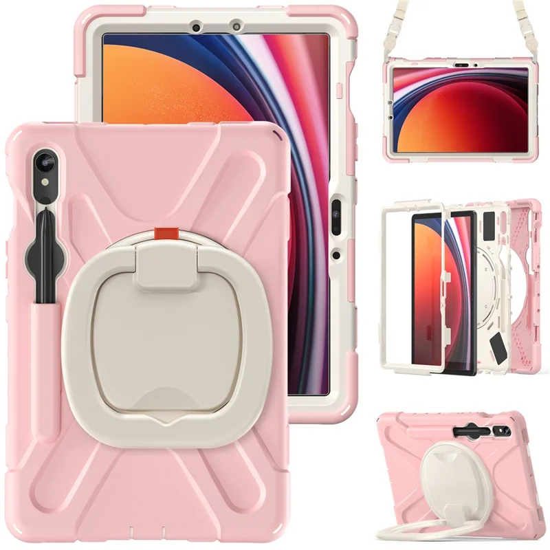 For Samsung Galaxy Tab S10 Lite / S10 FE / S9 FE / S9 / S8 / S7 PC+Silicone Case Rotating Kickstand Tablet Cover with Shoulder Strap - Pink