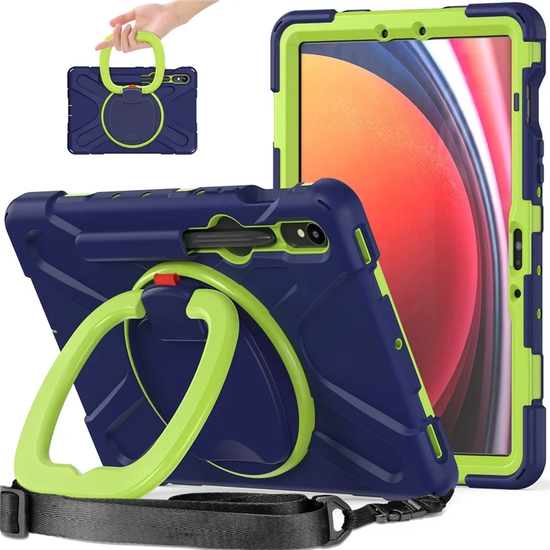 Pour Samsung Galaxy Tab S9 FE / S9 / S8 / S7 Boîtier de protection en PC+silicone avec support rotatif Étui renforcé pour tablette avec dragonne - Bleu marine+Vert jaune