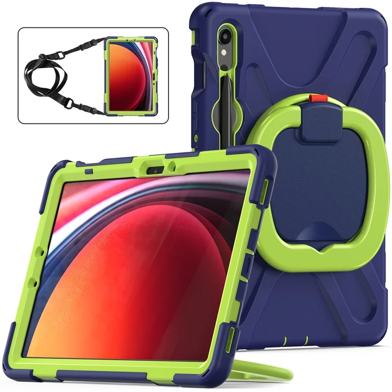 Pour Samsung Galaxy Tab S9 FE / S9 / S8 / S7 Boîtier de protection en PC+silicone avec support rotatif Étui renforcé pour tablette avec dragonne - Bleu marine+Vert jaune