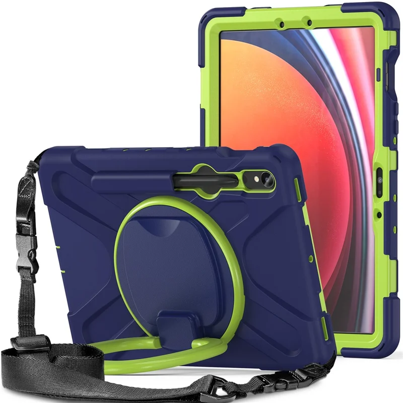 Pour Samsung Galaxy Tab S9 FE / S9 / S8 / S7 Boîtier de protection en PC+silicone avec support rotatif Étui renforcé pour tablette avec dragonne - Bleu marine+Vert jaune
