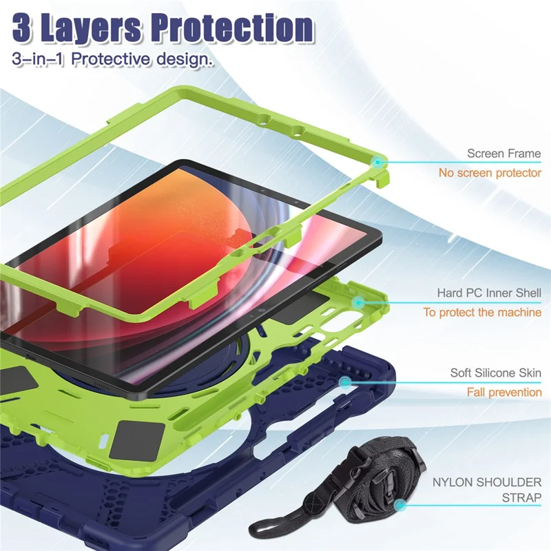 Pour Samsung Galaxy Tab S9 FE / S9 / S8 / S7 Boîtier de protection en PC+silicone avec support rotatif Étui renforcé pour tablette avec dragonne - Bleu marine+Vert jaune