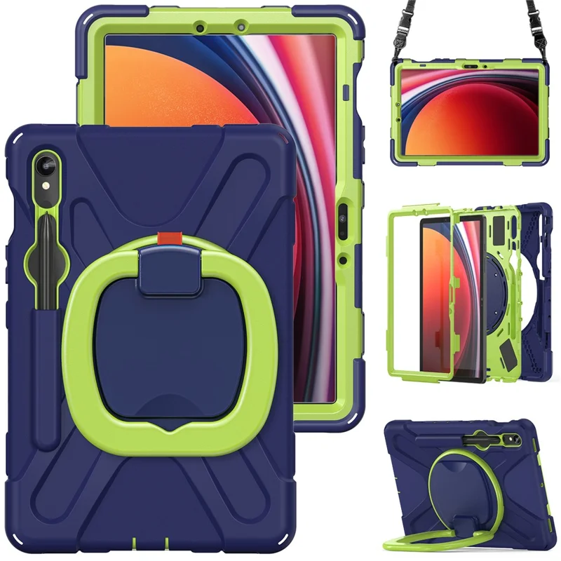 Pour Samsung Galaxy Tab S9 FE / S9 / S8 / S7 Boîtier de protection en PC+silicone avec support rotatif Étui renforcé pour tablette avec dragonne - Bleu marine+Vert jaune
