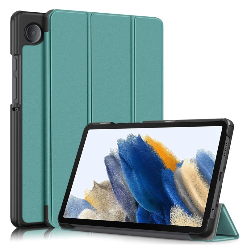 For Samsung Galaxy Tab A9 X115 PU Leather Tablet Case Tri-fold Stand Cover - Blackish Green