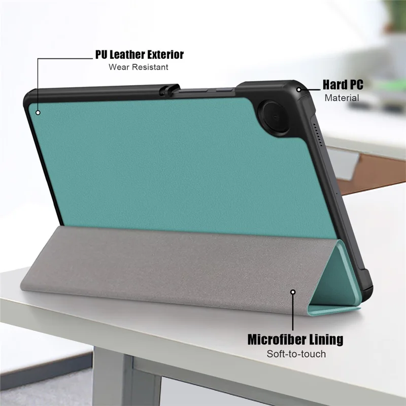 For Samsung Galaxy Tab A9 X115 PU Leather Tablet Case Tri-fold Stand Cover - Blackish Green