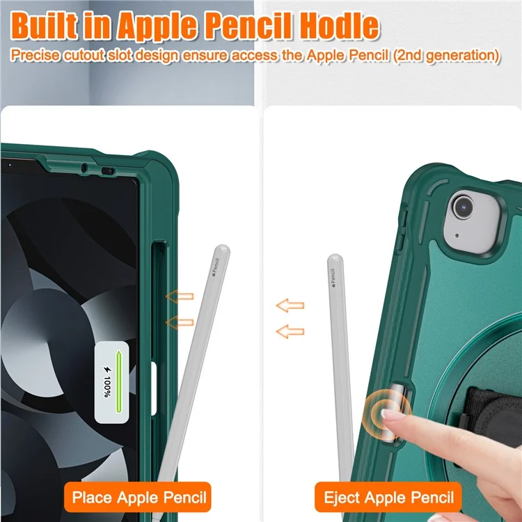 For iPad Air 11 (2025) / (2024) / Air (2020) / (2022) / Pro 11 (2018) / (2020) / (2021) / (2022) PC+TPU Tablet Case with Hand Strap - Midnight Green