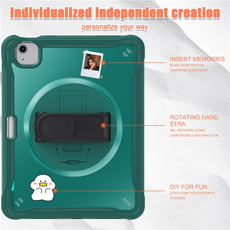 For iPad Air 11 (2025) / (2024) / Air (2020) / (2022) / Pro 11 (2018) / (2020) / (2021) / (2022) PC+TPU Tablet Case with Hand Strap - Midnight Green