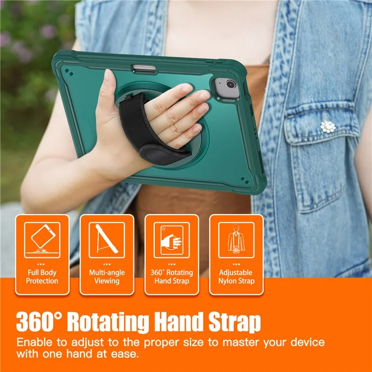 For iPad Air 11 (2025) / (2024) / Air (2020) / (2022) / Pro 11 (2018) / (2020) / (2021) / (2022) PC+TPU Tablet Case with Hand Strap - Midnight Green