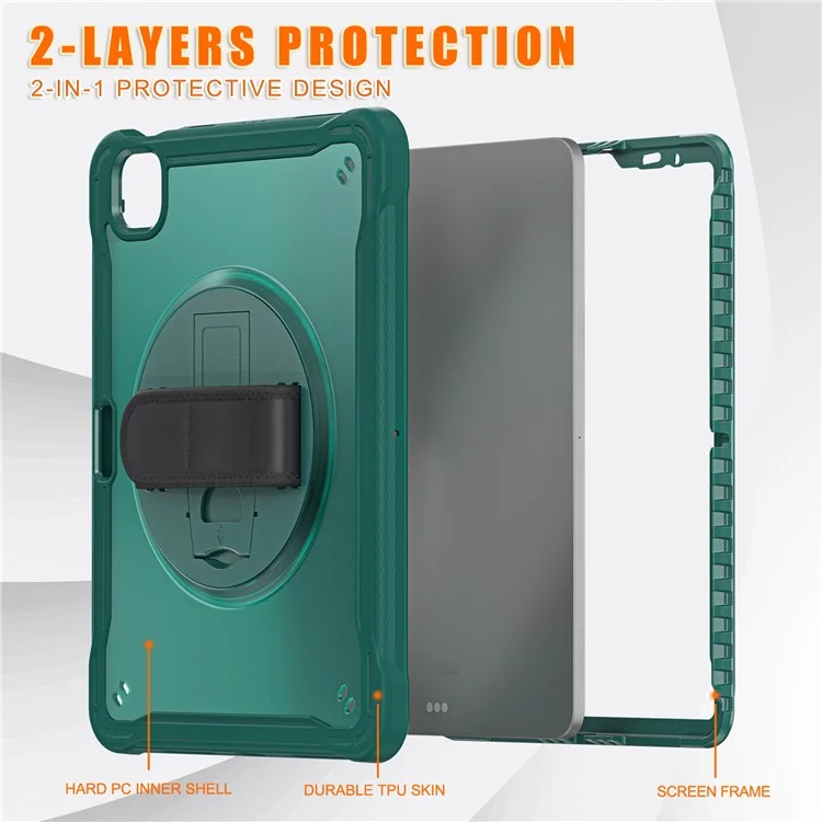 For iPad Air 11 (2025) / (2024) / Air (2020) / (2022) / Pro 11 (2018) / (2020) / (2021) / (2022) PC+TPU Tablet Case with Hand Strap - Midnight Green