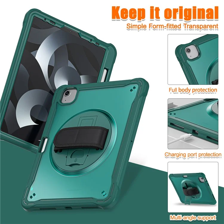 For iPad Air 11 (2025) / (2024) / Air (2020) / (2022) / Pro 11 (2018) / (2020) / (2021) / (2022) PC+TPU Tablet Case with Hand Strap - Midnight Green