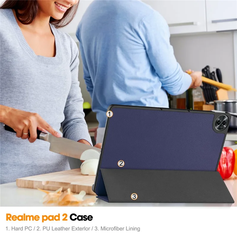 Per Realme Pad 2 Trifold Stand Tablet Case PU Leather Full Protection Cover - Dark Blue