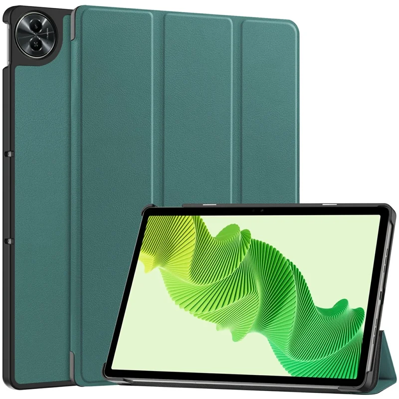 For Realme Pad 2 Trifold Stand Tablet Case PU Leather Full Protection Cover - Blackish Green