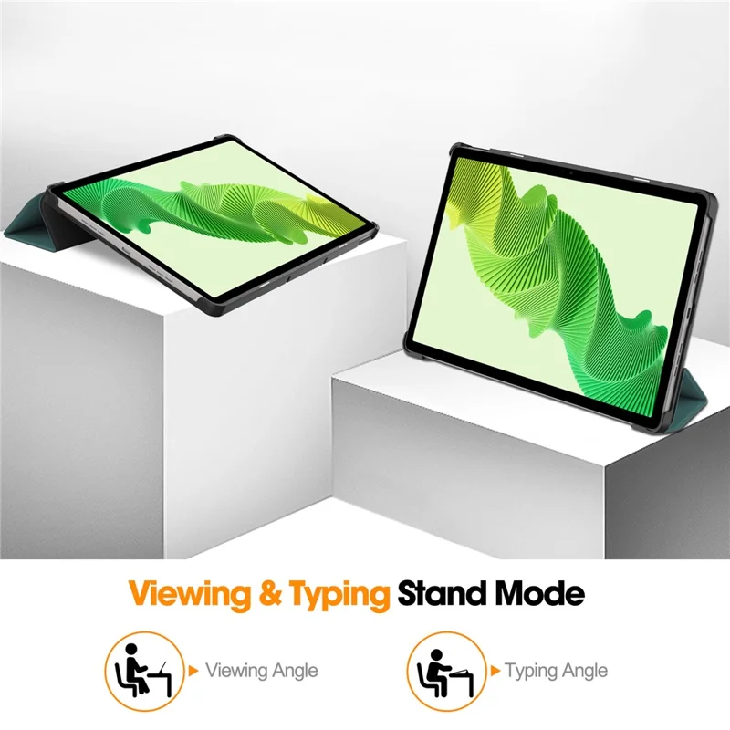 For Realme Pad 2 Trifold Stand Tablet Case PU Leather Full Protection Cover - Blackish Green