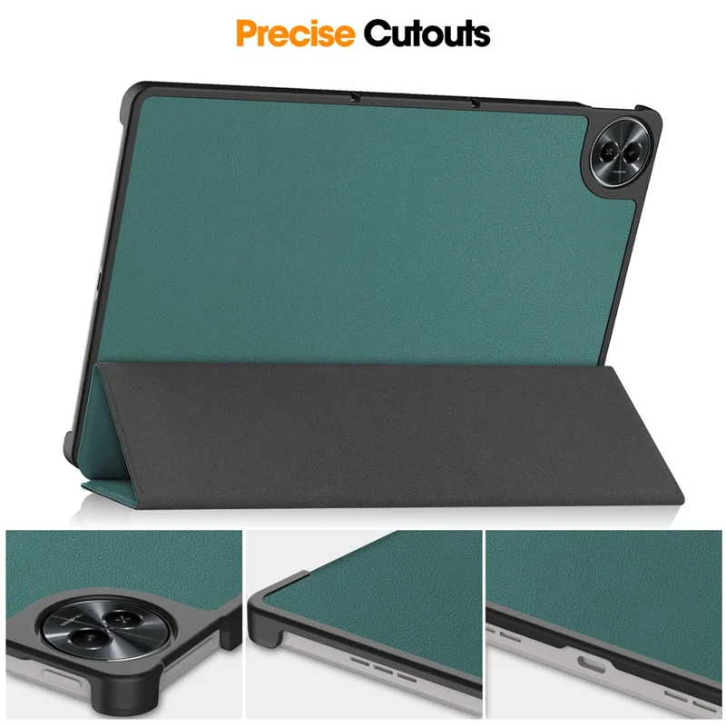 For Realme Pad 2 Trifold Stand Tablet Case PU Leather Full Protection Cover - Blackish Green
