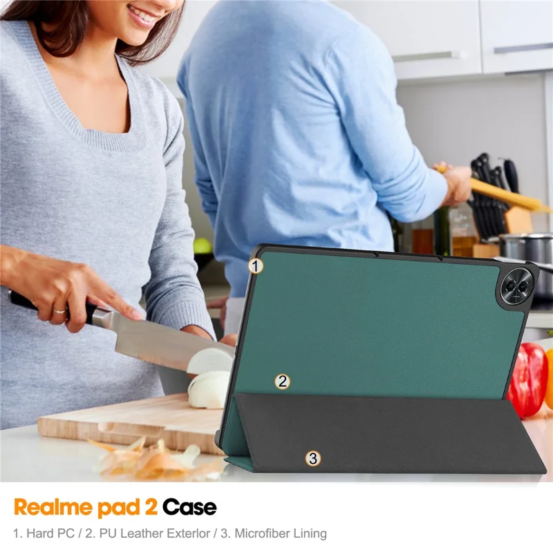 For Realme Pad 2 Trifold Stand Tablet Case PU Leather Full Protection Cover - Blackish Green