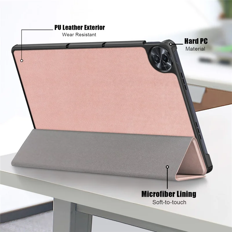 For Realme Pad 2 PU Leather Trifold Stand Cover Full Protection Shock Resistant Tablet Case - Rose Gold