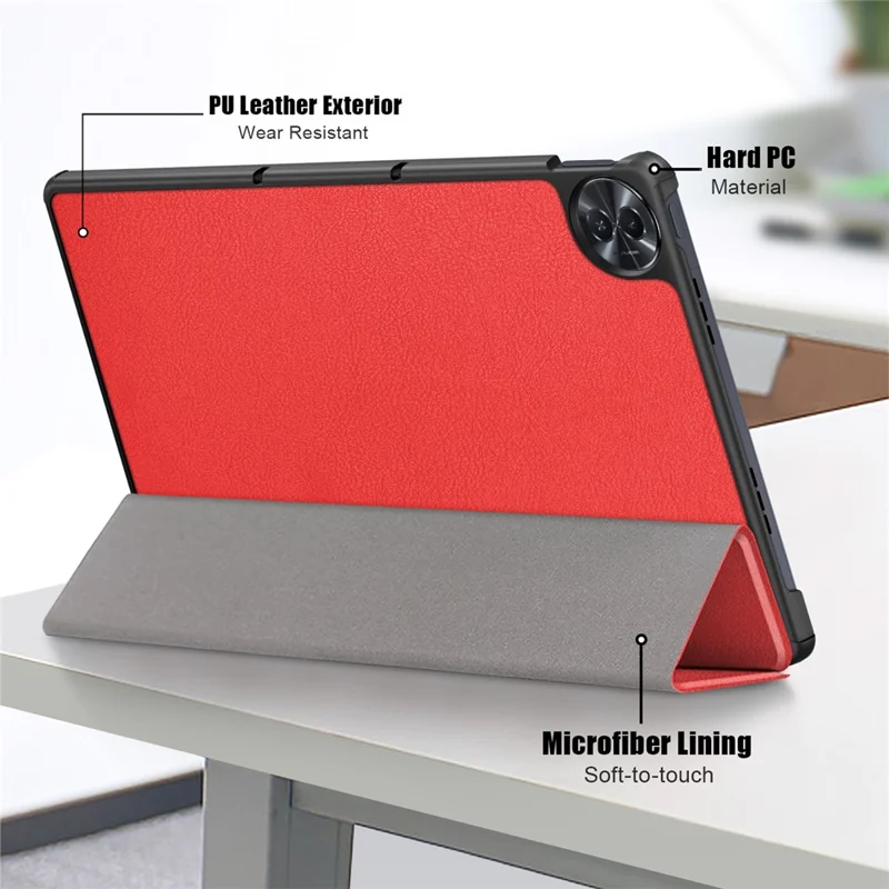 For Realme Pad 2 PU Leather Trifold Stand Cover Full Protection Shock Resistant Tablet Case - Red