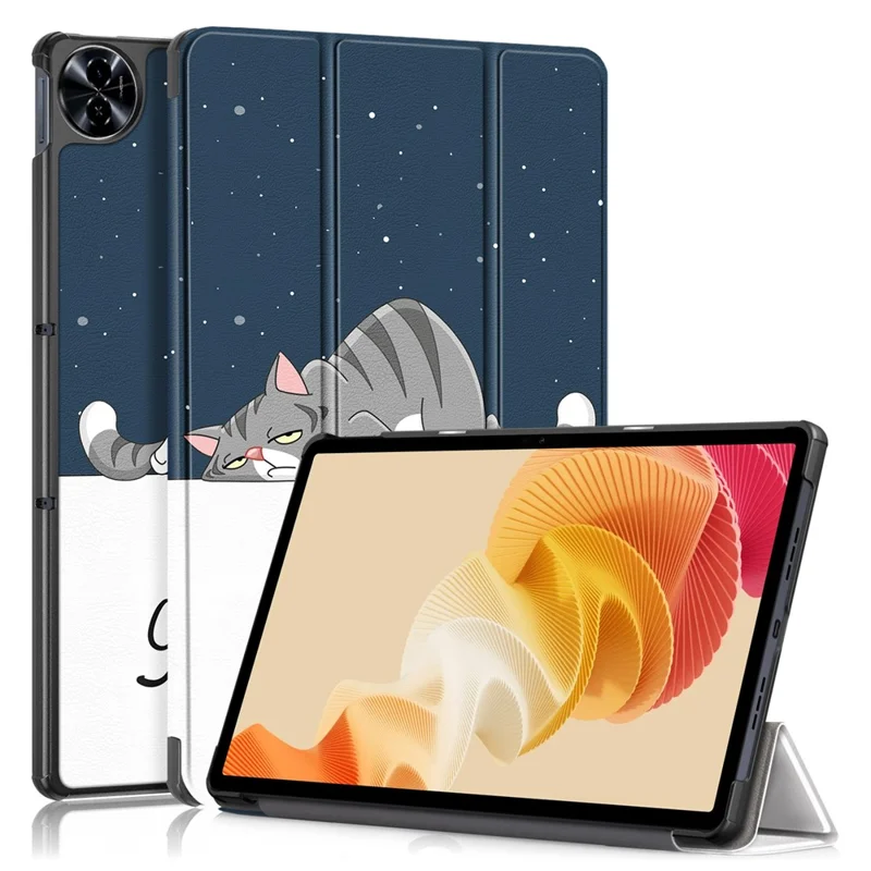 For Realme Pad 2 PU Leather Pattern Printing Case Tri-fold Stand Folio Tablet Cover - Cat