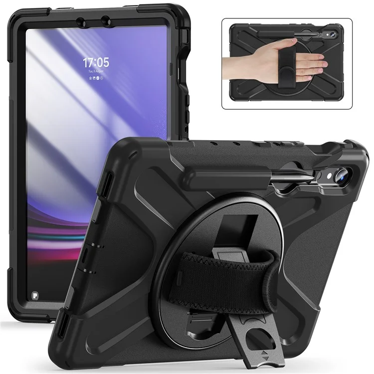 For Samsung Galaxy Tab S9 FE / S9 X710 / S8 X700 / S7 T870 Wrist Strap Tablet Case PC+Silicone Kickstand Protective Cover - Black