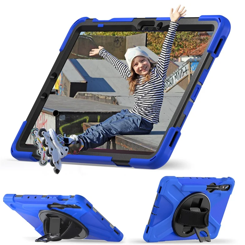 For Samsung Galaxy Tab S10 Lite / S10 FE / S9 FE / S9 X710 / S8 X700 / S7 T870 Wrist Strap Tablet Case PC+Silicone Kickstand Cover - Blue