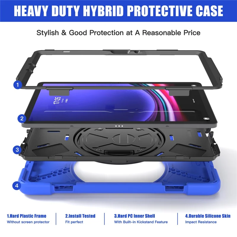 For Samsung Galaxy Tab S10 Lite / S10 FE / S9 FE / S9 X710 / S8 X700 / S7 T870 Wrist Strap Tablet Case PC+Silicone Kickstand Cover - Blue