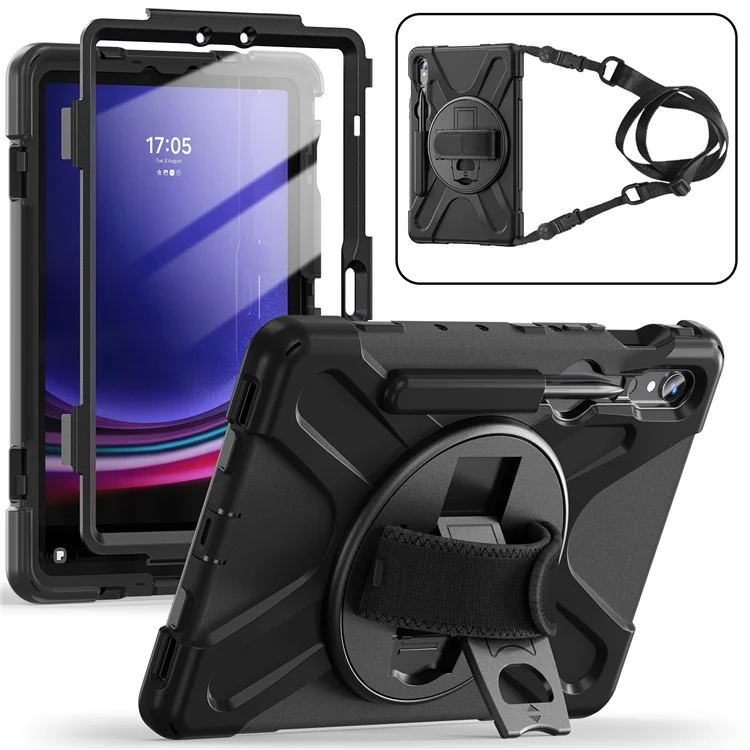 Para Samsung Samsung Galaxy Tab S9 X710 / S8 X700 / S7 T870 Pc+case de la Tableta de Silicona Tapa de Patada Con Correa de Mano / Bandolera - Negro