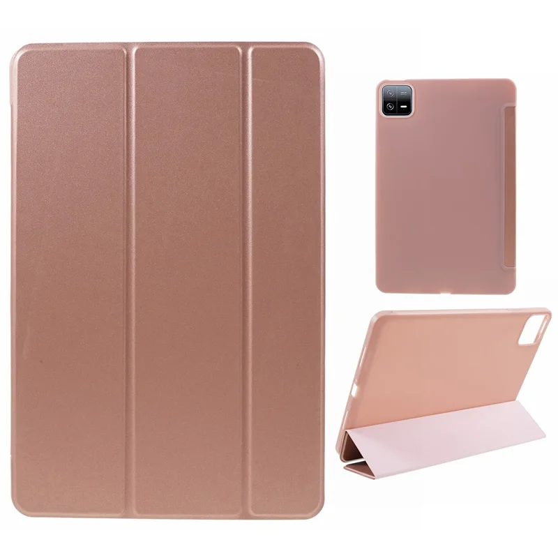 For Xiaomi Pad 6 / 6 Pro Tri-Fold Stand Protective Cover PU Leather + Matte TPU Tablet Case - Rose Gold