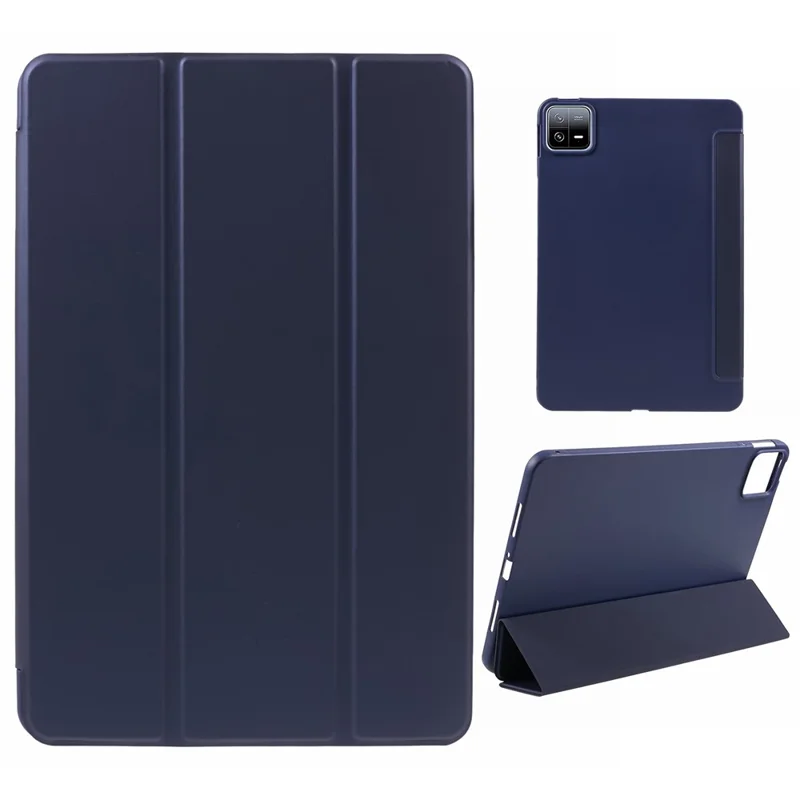 For Xiaomi Pad 6 / 6 Pro Tri-Fold Stand Protective Cover PU Leather + Matte TPU Tablet Case - Dark Blue