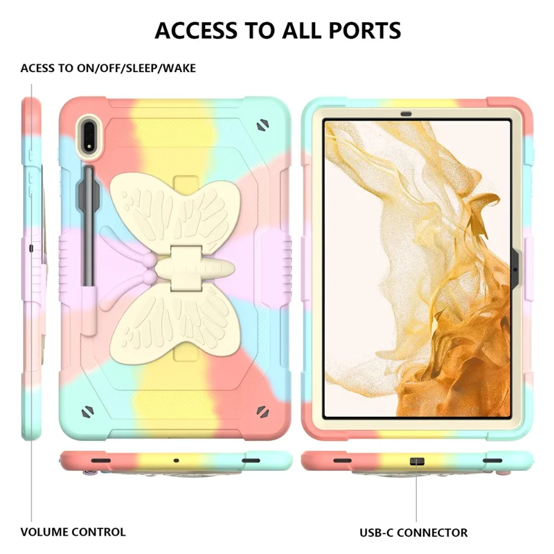 Para Samsung Galaxy Tab s9 + Silicona + PC Tableta Case de la Forma de Mariposa Cubierta Con Correa Para el Hombro - Oro Colorido de Rosa