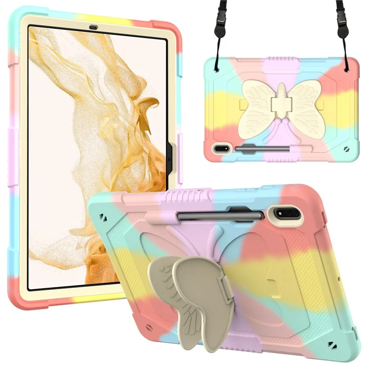 For Samsung Galaxy Tab S9 Shockproof Silicone + PC Tablet Case Kickstand Cover Butterfly Shape with Shoulder Strap - Colorful Rose Gold