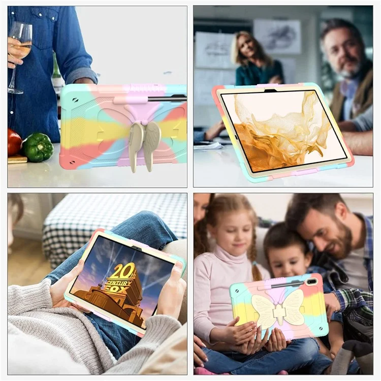 For Samsung Galaxy Tab S9 Shockproof Silicone + PC Tablet Case Kickstand Cover Butterfly Shape with Shoulder Strap - Colorful Rose Gold