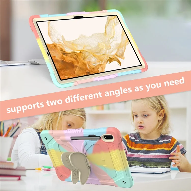 For Samsung Galaxy Tab S9 Shockproof Silicone + PC Tablet Case Kickstand Cover Butterfly Shape with Shoulder Strap - Colorful Rose Gold