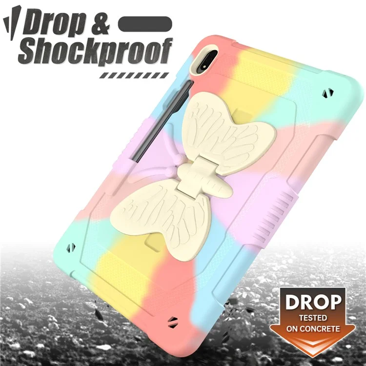 For Samsung Galaxy Tab S9 Shockproof Silicone + PC Tablet Case Kickstand Cover Butterfly Shape with Shoulder Strap - Colorful Rose Gold