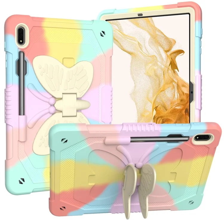 For Samsung Galaxy Tab S9 Shockproof Silicone + PC Tablet Case Kickstand Cover Butterfly Shape with Shoulder Strap - Colorful Rose Gold