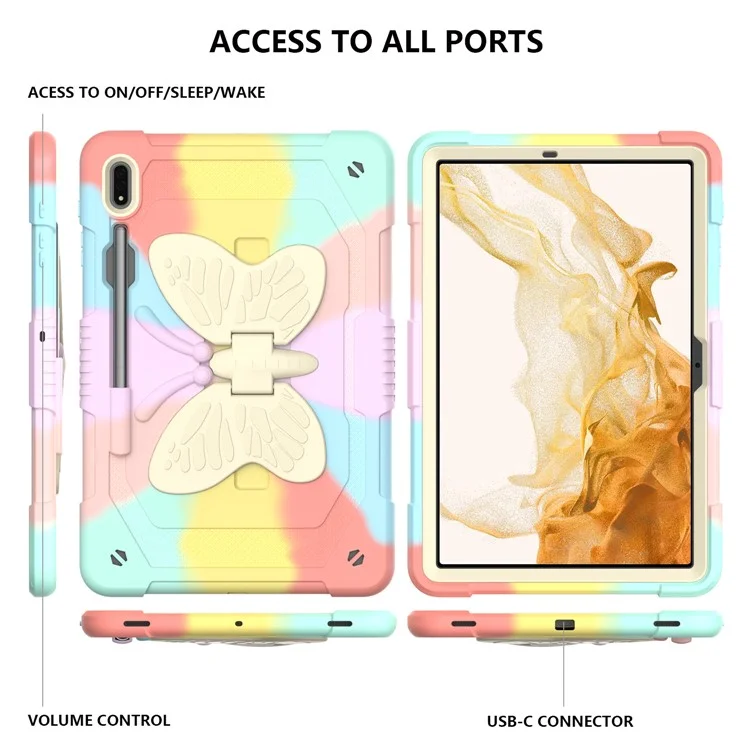 For Samsung Galaxy Tab S9 Shockproof Silicone + PC Tablet Case Kickstand Cover Butterfly Shape with Shoulder Strap - Colorful Rose Gold