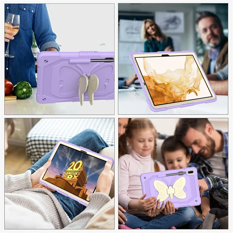 Drop-proof Tablet Case for Samsung Galaxy Tab S9+ Silicone + PC Butterfly Shape Kickstand Cover with Shoulder Strap - Beige  /  Purple