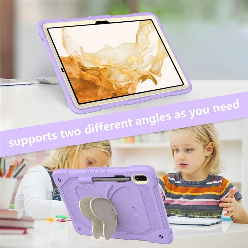 Drop-proof Tablet Case for Samsung Galaxy Tab S9+ Silicone + PC Butterfly Shape Kickstand Cover with Shoulder Strap - Beige  /  Purple