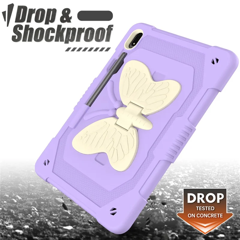 Drop-proof Tablet Case for Samsung Galaxy Tab S9+ Silicone + PC Butterfly Shape Kickstand Cover with Shoulder Strap - Beige  /  Purple