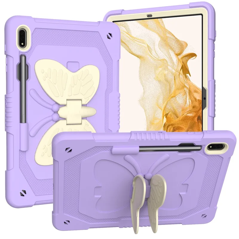 Drop-proof Tablet Case for Samsung Galaxy Tab S9+ Silicone + PC Butterfly Shape Kickstand Cover with Shoulder Strap - Beige  /  Purple
