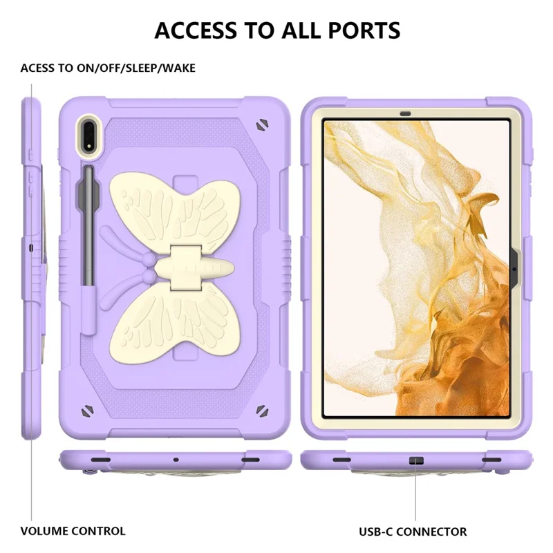 Drop-proof Tablet Case for Samsung Galaxy Tab S9+ Silicone + PC Butterfly Shape Kickstand Cover with Shoulder Strap - Beige  /  Purple