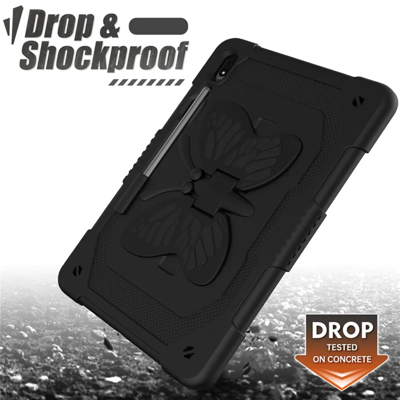 Anti-scratch Silicone + PC Tablet Case for Samsung Galaxy Tab S9 Butterfly Shape Kickstand Cover with Shoulder Strap - Black
