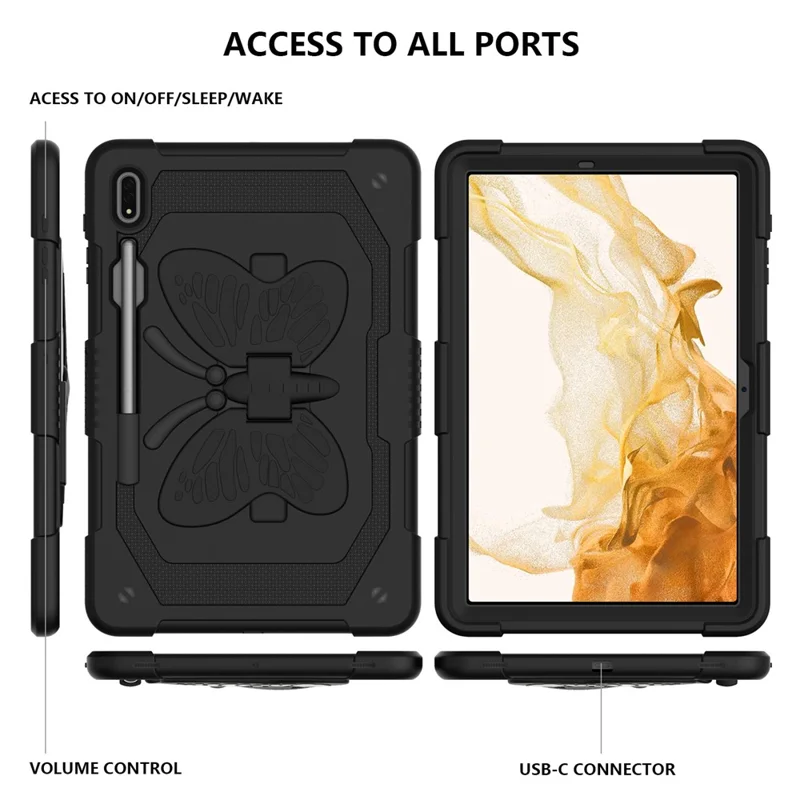 Anti-scratch Silicone + PC Tablet Case for Samsung Galaxy Tab S9 Butterfly Shape Kickstand Cover with Shoulder Strap - Black