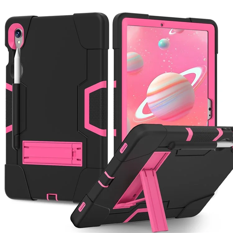 Funda para Tablet de Silicona + PC para Samsung Galaxy Tab S9 SM-X710 / S9 FE SM-X510, Estilo Robot de Doble Color con Soporte - Negro / Rojo Rosa