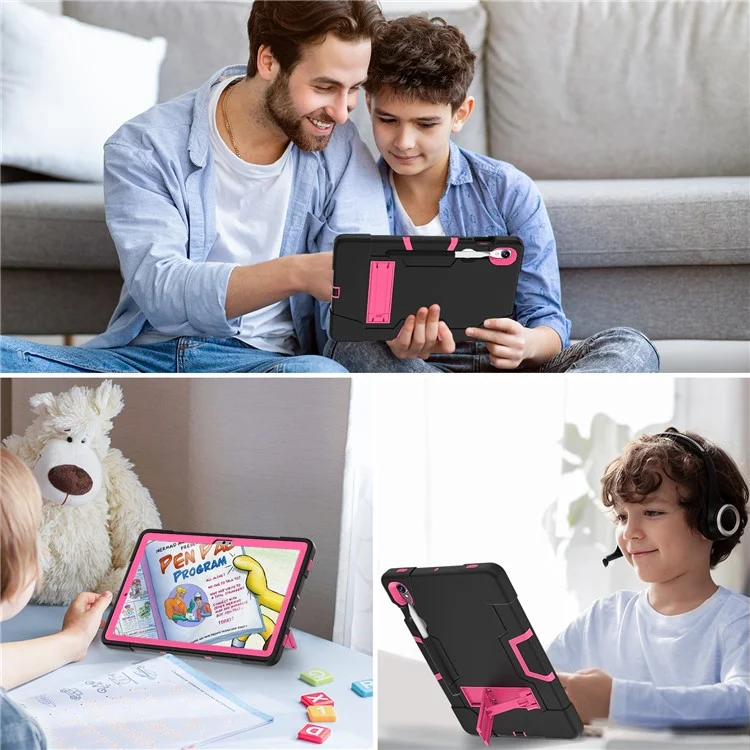 Funda para Tablet de Silicona + PC para Samsung Galaxy Tab S9 SM-X710 / S9 FE SM-X510, Estilo Robot de Doble Color con Soporte - Negro / Rojo Rosa