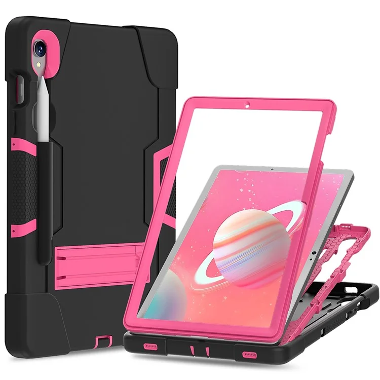 Funda para Tablet de Silicona + PC para Samsung Galaxy Tab S9 SM-X710 / S9 FE SM-X510, Estilo Robot de Doble Color con Soporte - Negro / Rojo Rosa