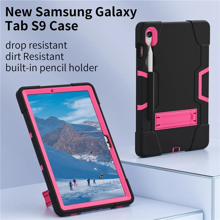 Funda para Tablet de Silicona + PC para Samsung Galaxy Tab S9 SM-X710 / S9 FE SM-X510, Estilo Robot de Doble Color con Soporte - Negro / Rojo Rosa