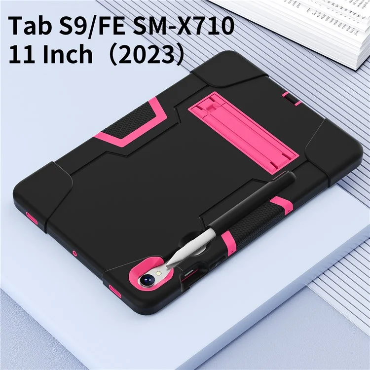 Funda para Tablet de Silicona + PC para Samsung Galaxy Tab S9 SM-X710 / S9 FE SM-X510, Estilo Robot de Doble Color con Soporte - Negro / Rojo Rosa